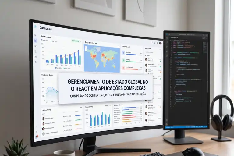 Foto de uma mesa de escritório com dois monitores e fones de ouvido. O monitor widescreen esquerdo exibe um dashboard de vendas com um card central superposto: 'GERENCIAMENTO DE ESTADO GLOBAL NO REACT EM APLICAÇÕES COMPLEXAS. COMPARANDO CONTEXT API, REDUX E ZUSTAND E OUTRAS SOLUÇÕES'. O monitor vertical direito exibe código React no VS Code.